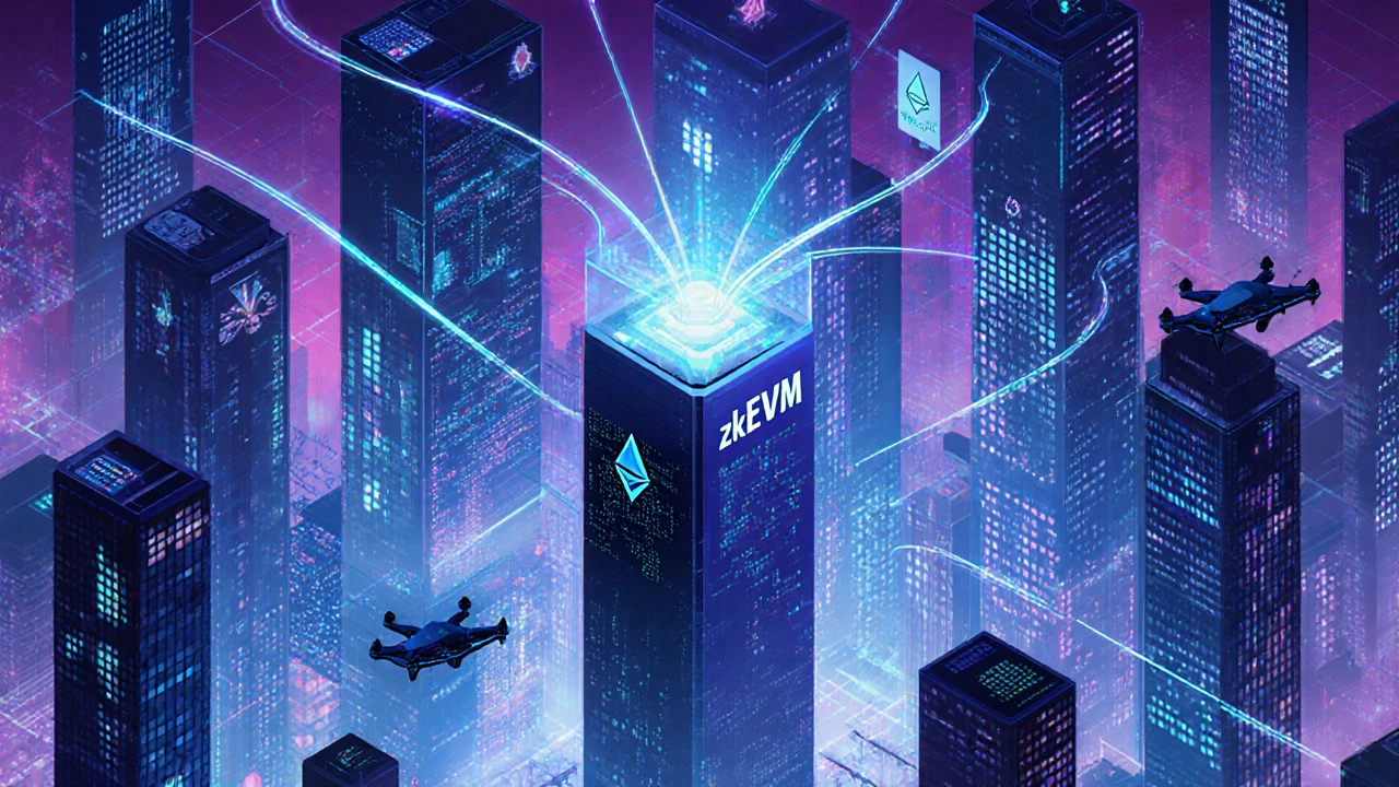 Futuristic cityscape with a zkEVM tower emitting fast proof light trails linking DeFi and NFT holograms.