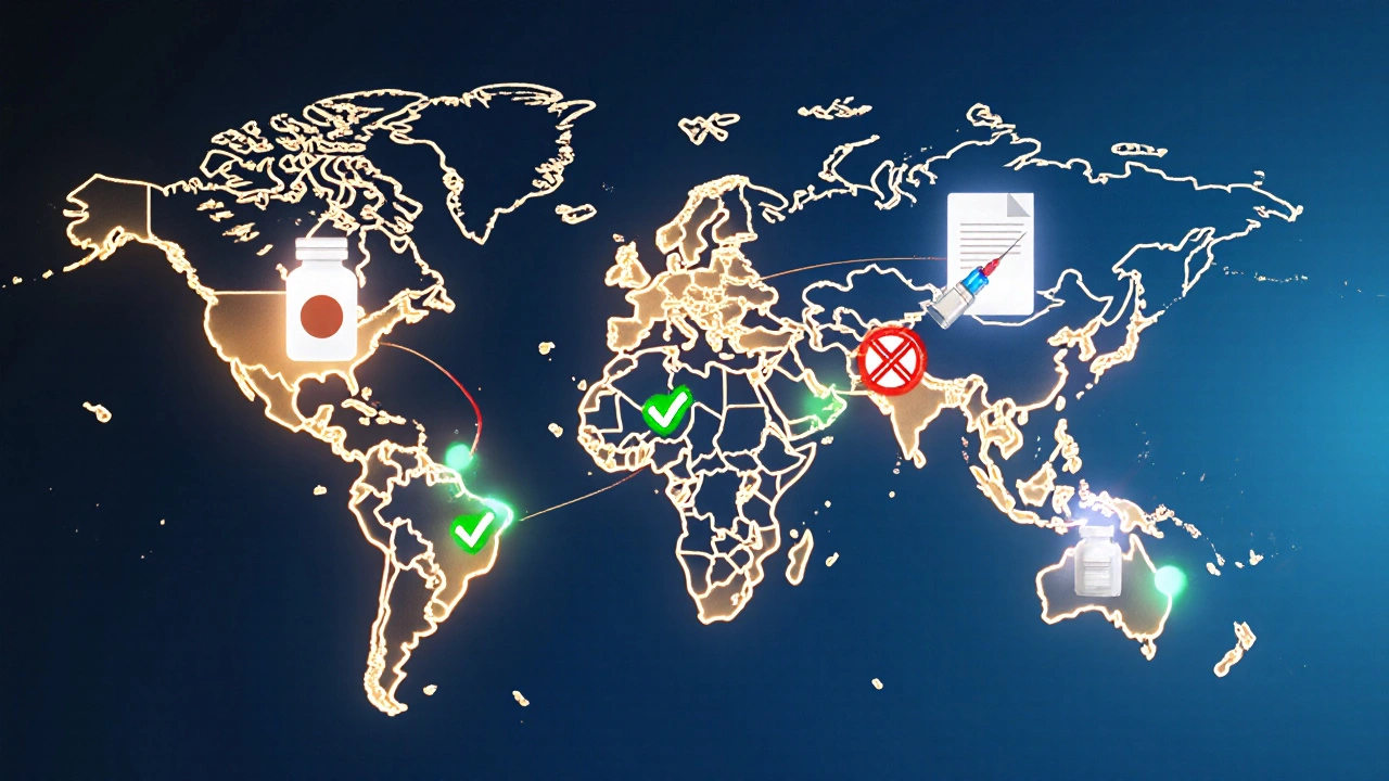 Global map with glowing medication icons and prohibition symbols fading as safe travel paths appear.
