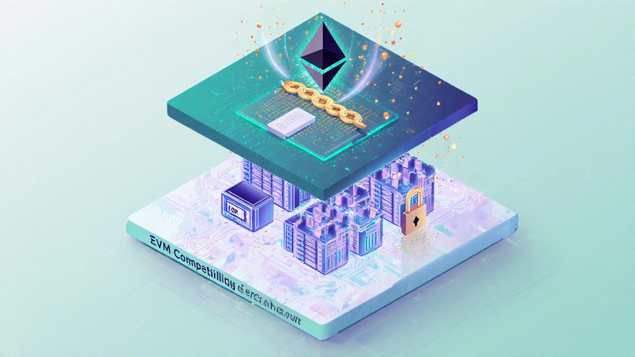 Isometric view of three layers: EVM compatibility, prover engine with GPUs, and verifier contract.