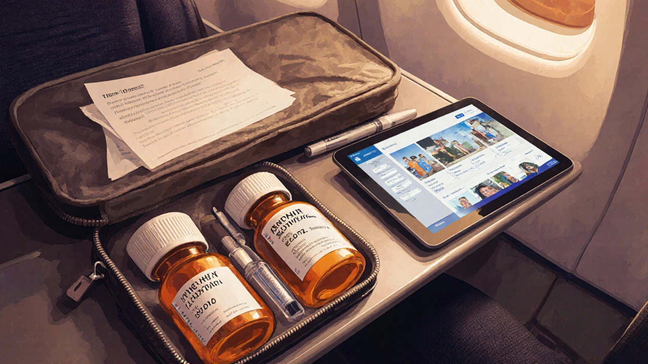 Open carry-on bag with original medication bottles, doctor’s letter, and insulin pens on airplane tray table.