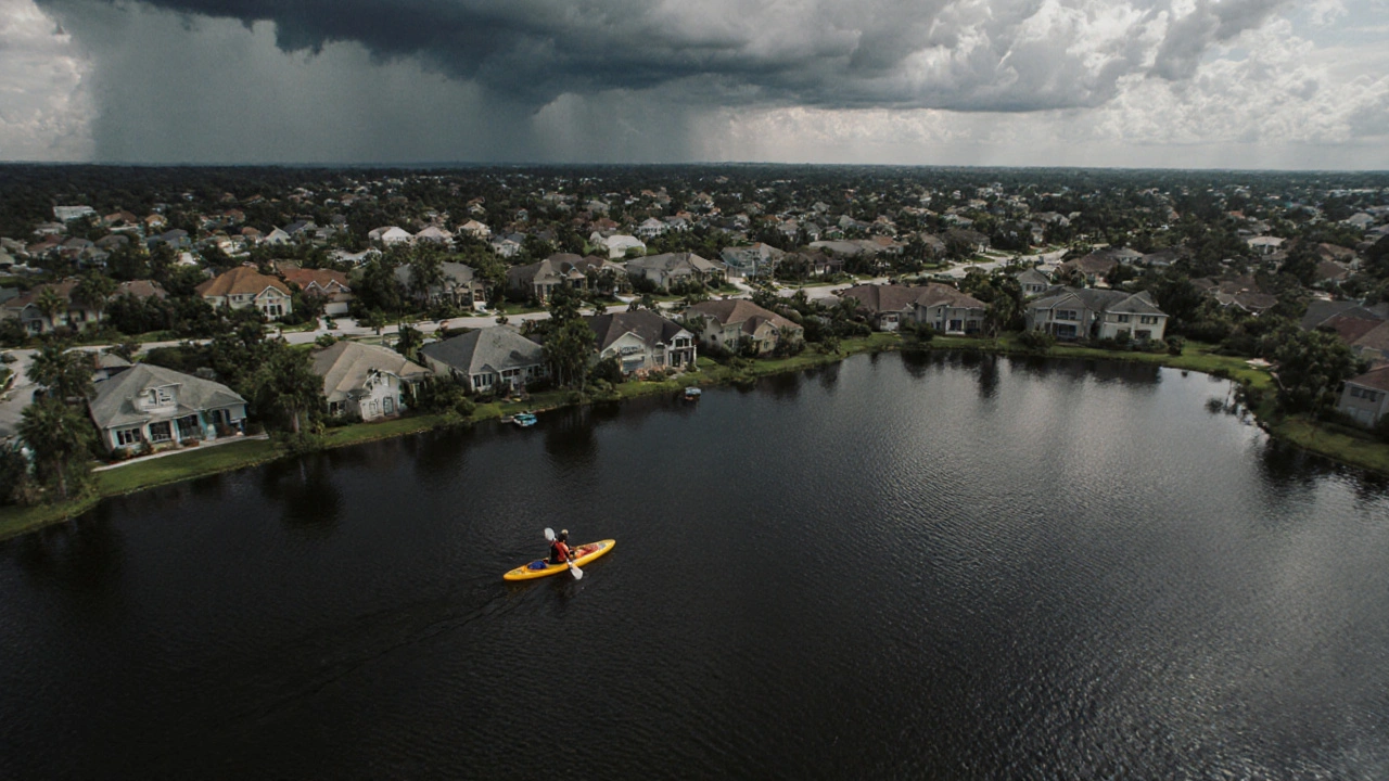 Aerial view of Kissimmee suburbs with lakes and summer storm clouds over a kayaker on the water