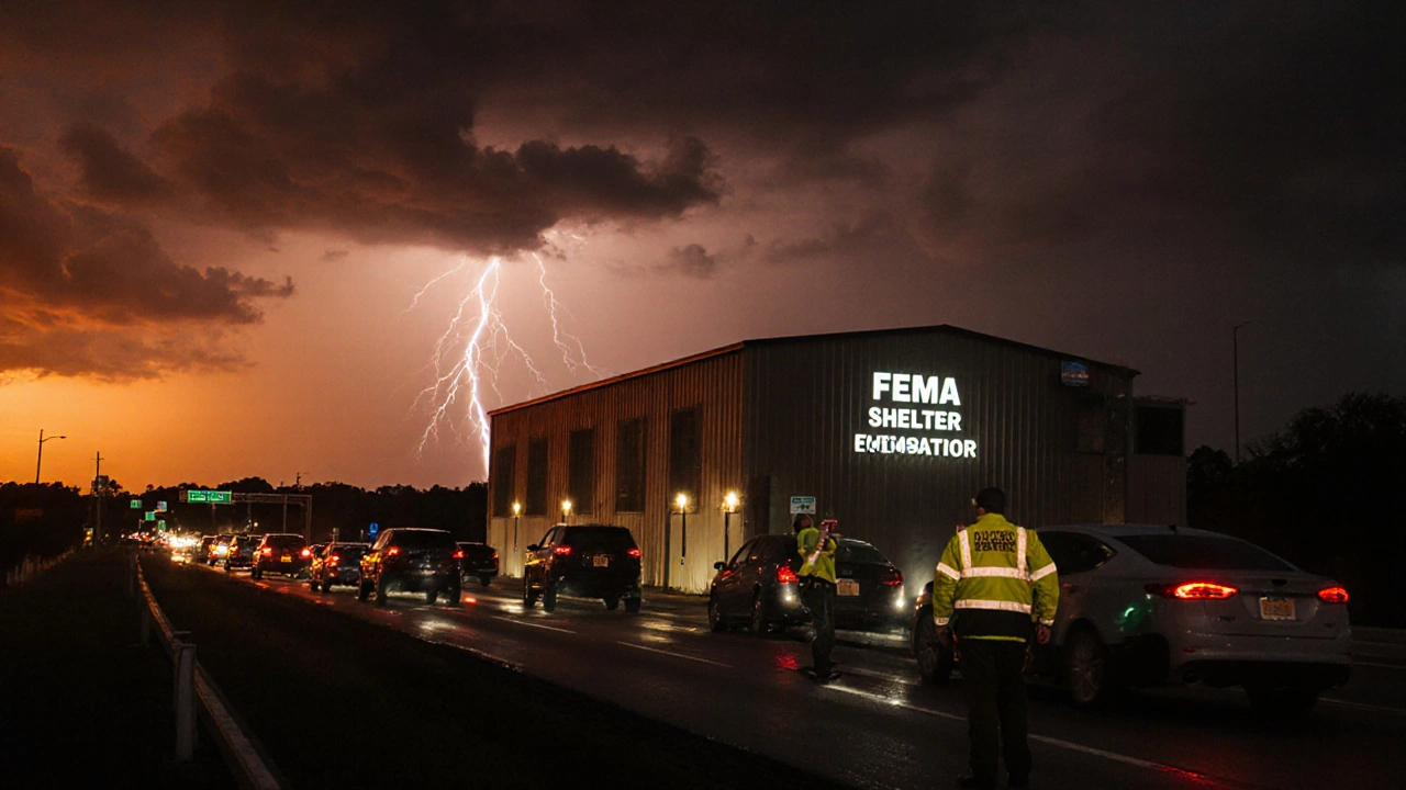 Cars evacuating on Iâ4 with a lit shelter and responders at dusk.