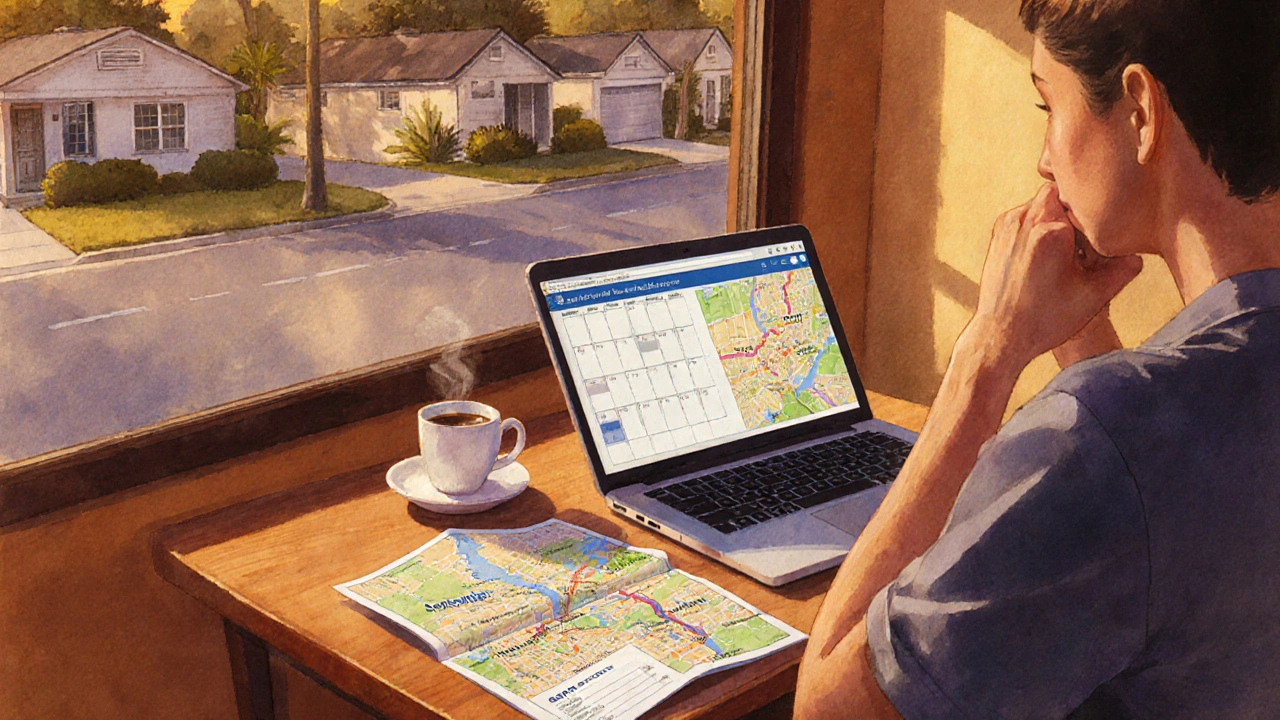 Coffee shop scene with renter reviewing calendar and map for off‑season housing options.
