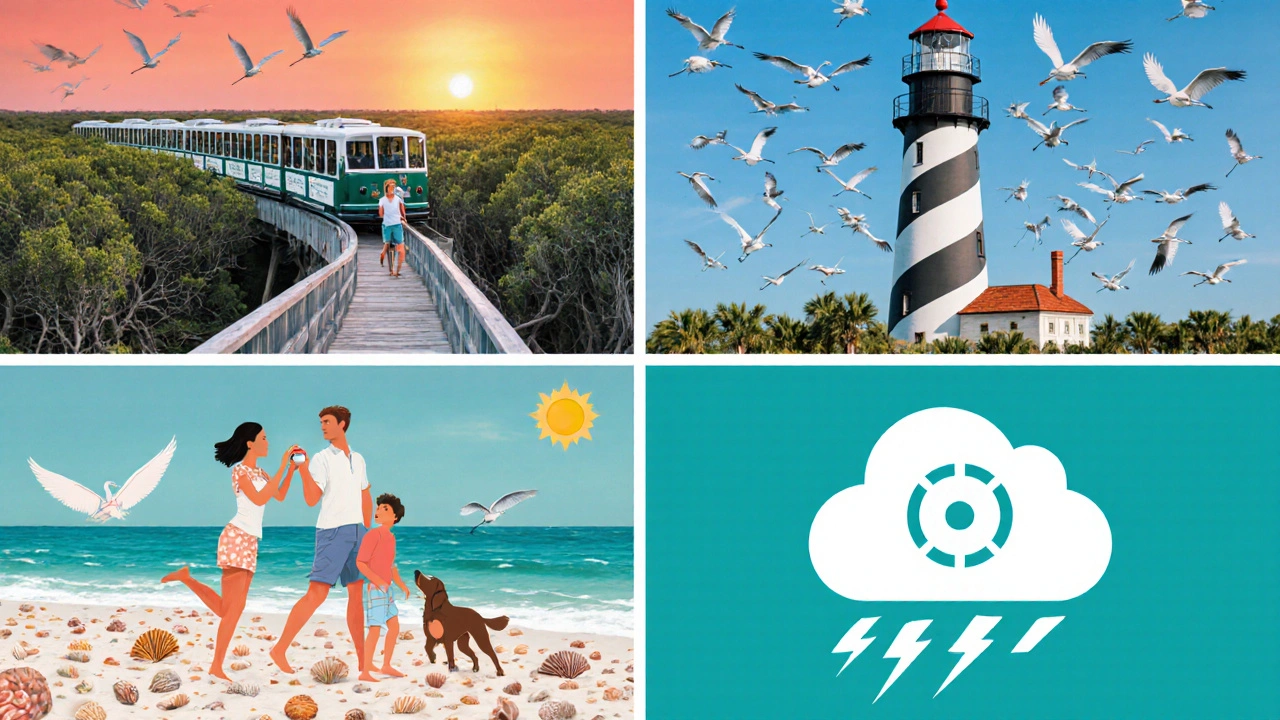 Collage of wildlife refuge tram, lighthouse, shell beach, and a storm cloud reminder.