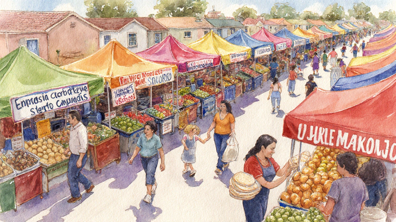 Colorful watercolor market scene at Four Corners with Spanish-language stalls.