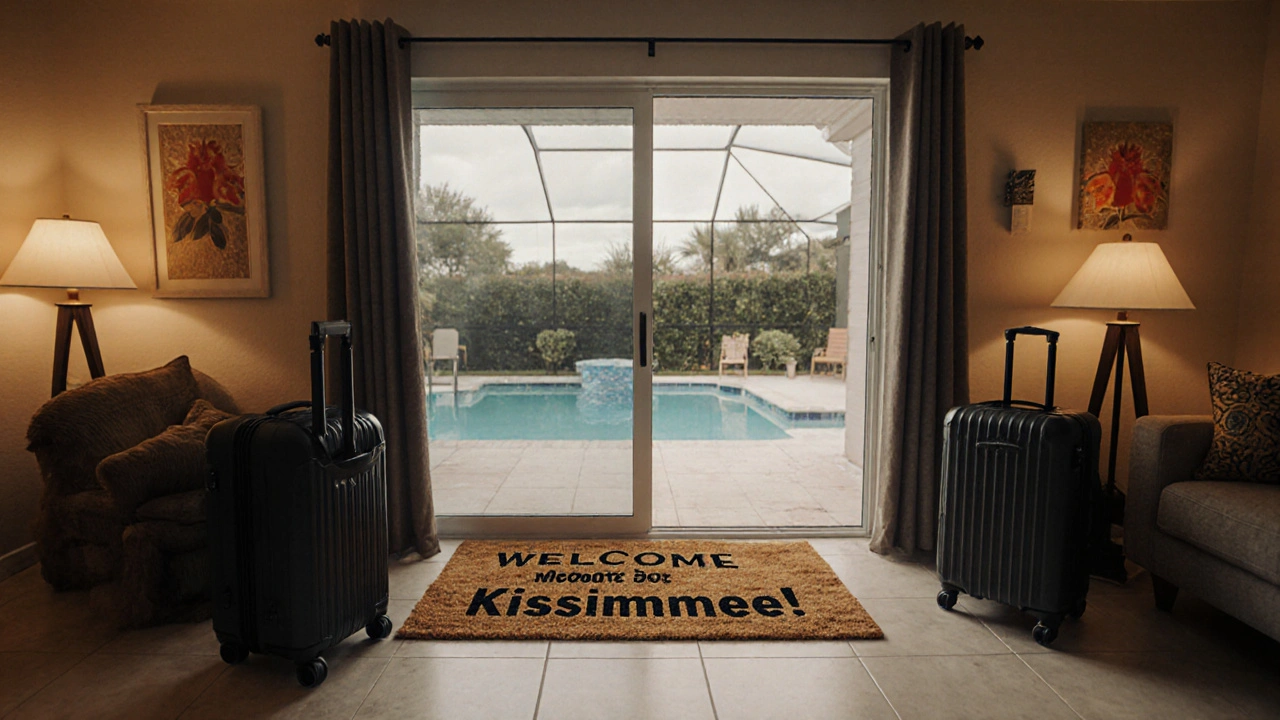 Cozy short-term rental interior with pool view and luggage, symbolizing tourism-driven housing