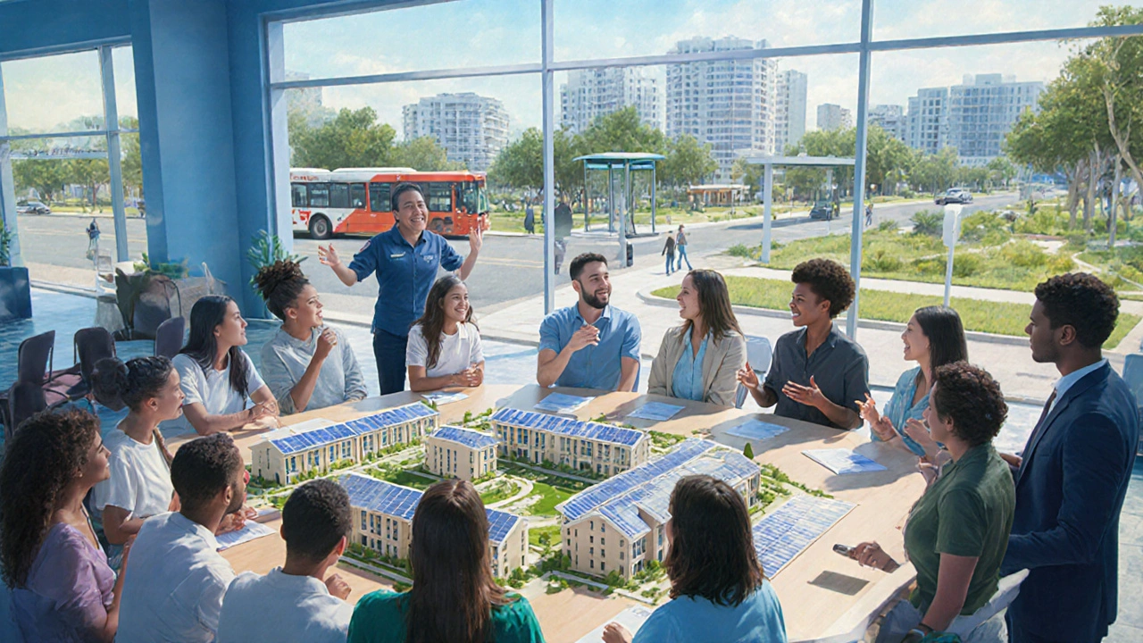 Digital painting of a community meeting planning affordable housing and green spaces in Kissimmee.