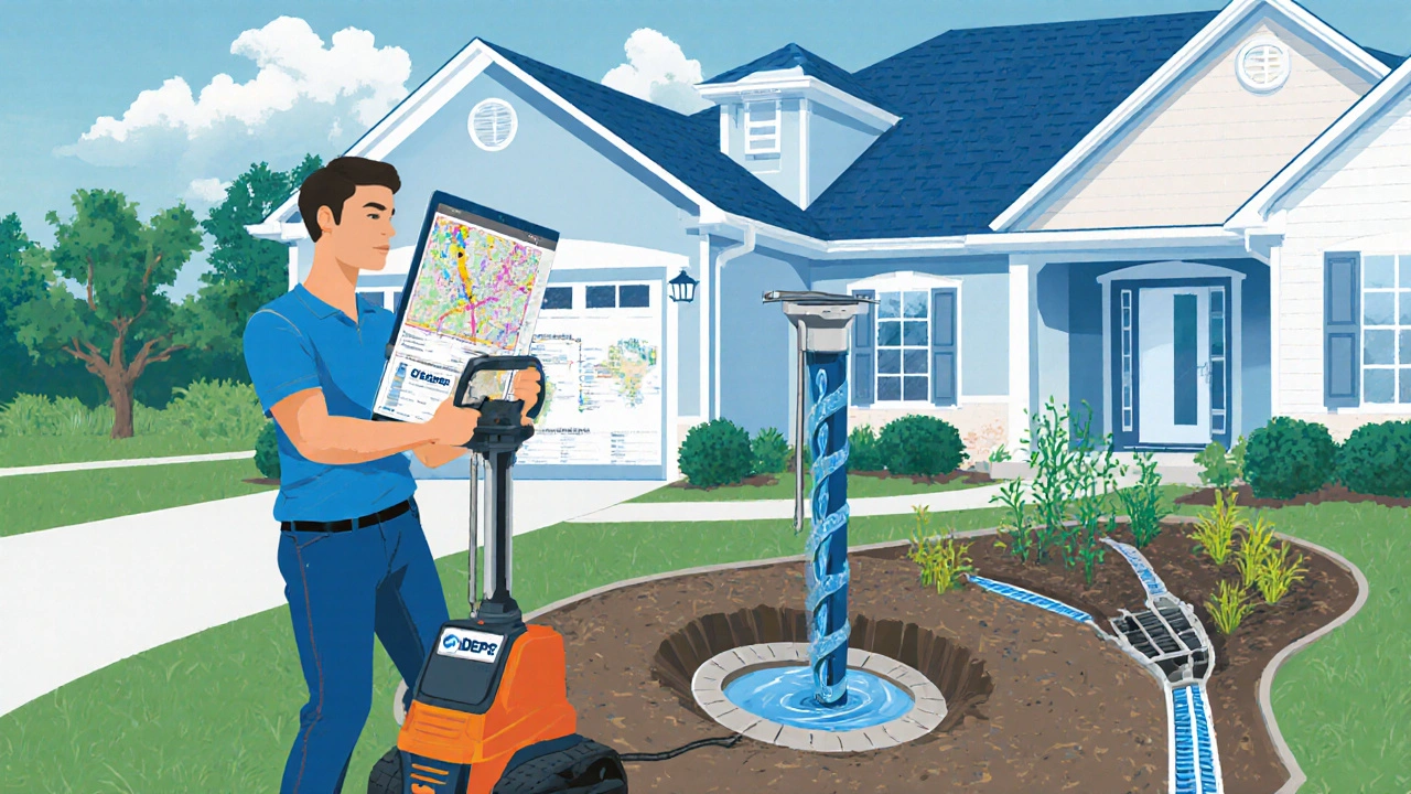 Engineer and homeowner inspecting a house with GIS map, drill, and drainage features.