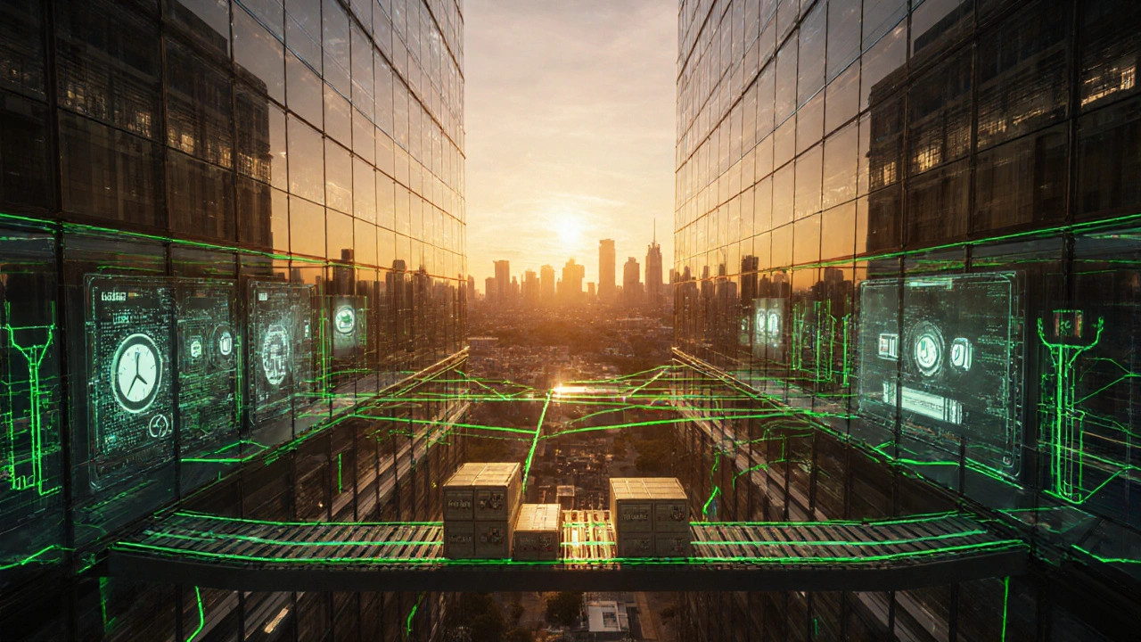 Enterprise building with transparent walls showing blockchain nodes and fast data streams at sunrise.