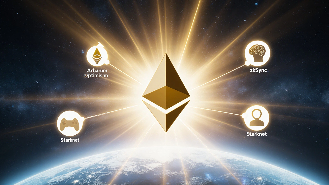 Ethereum vault connected to five L2 networks via glowing pathways, representing security and scalability.