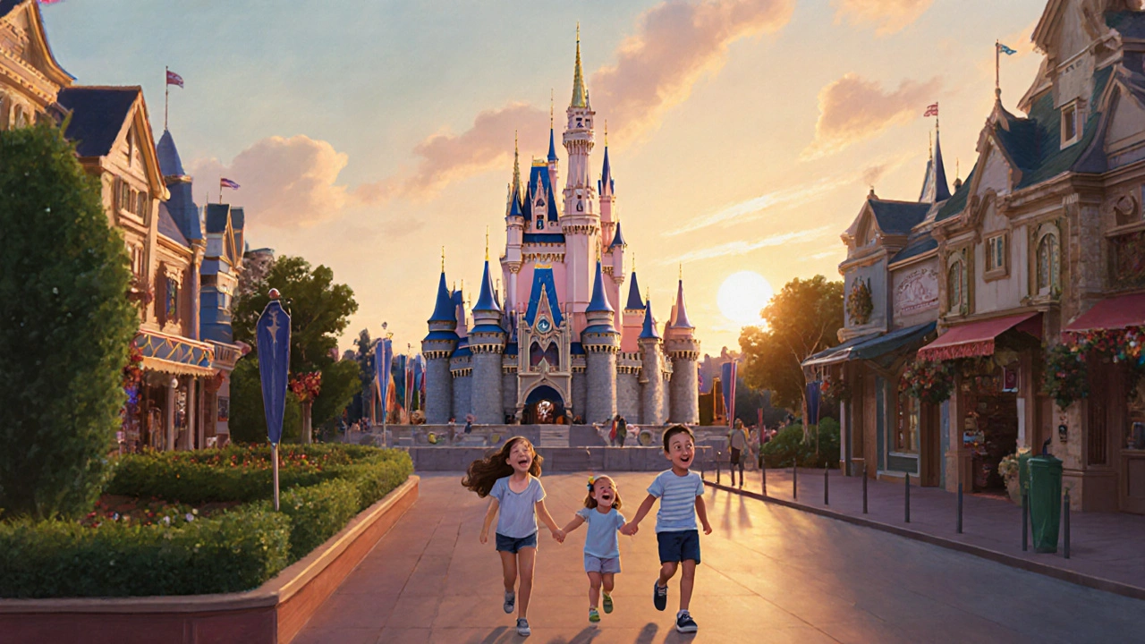 Family at Disney World in September with low crowds and sunset glow.