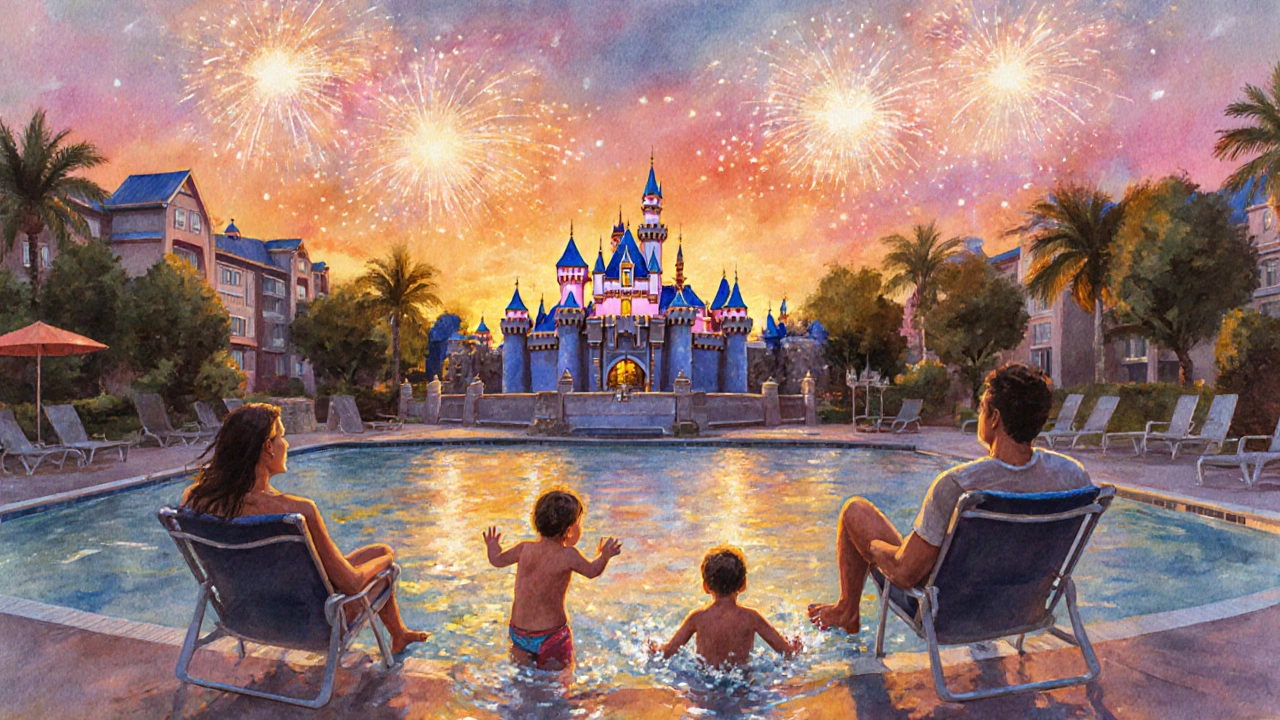 Family enjoying poolside at a Disney resort with fireworks overhead.