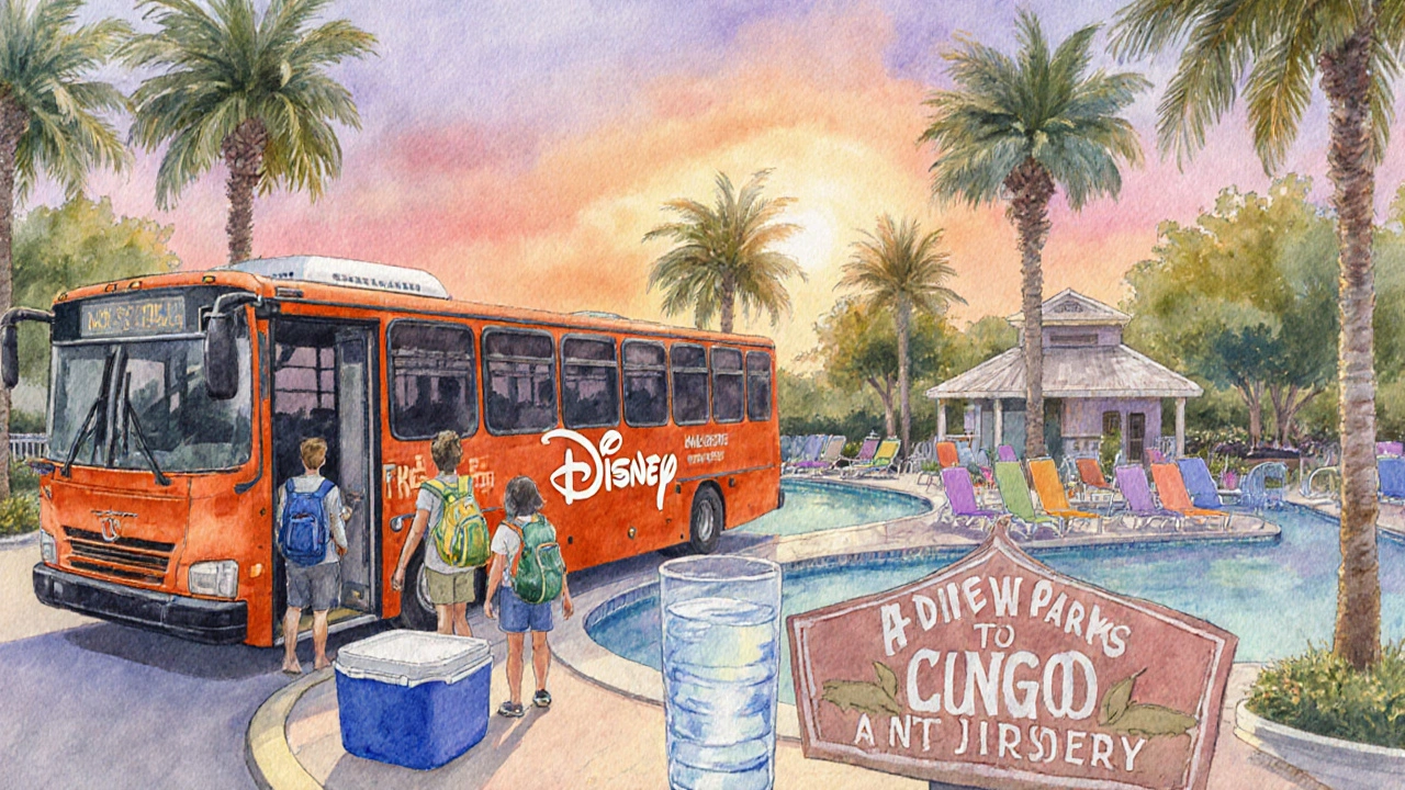 Family loading a cooler onto a Disney shuttle bus at a value resort pool area at sunset.