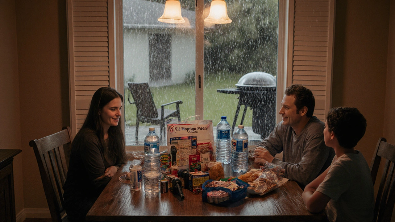 Family preparing an emergency kit inside during heavy rain.