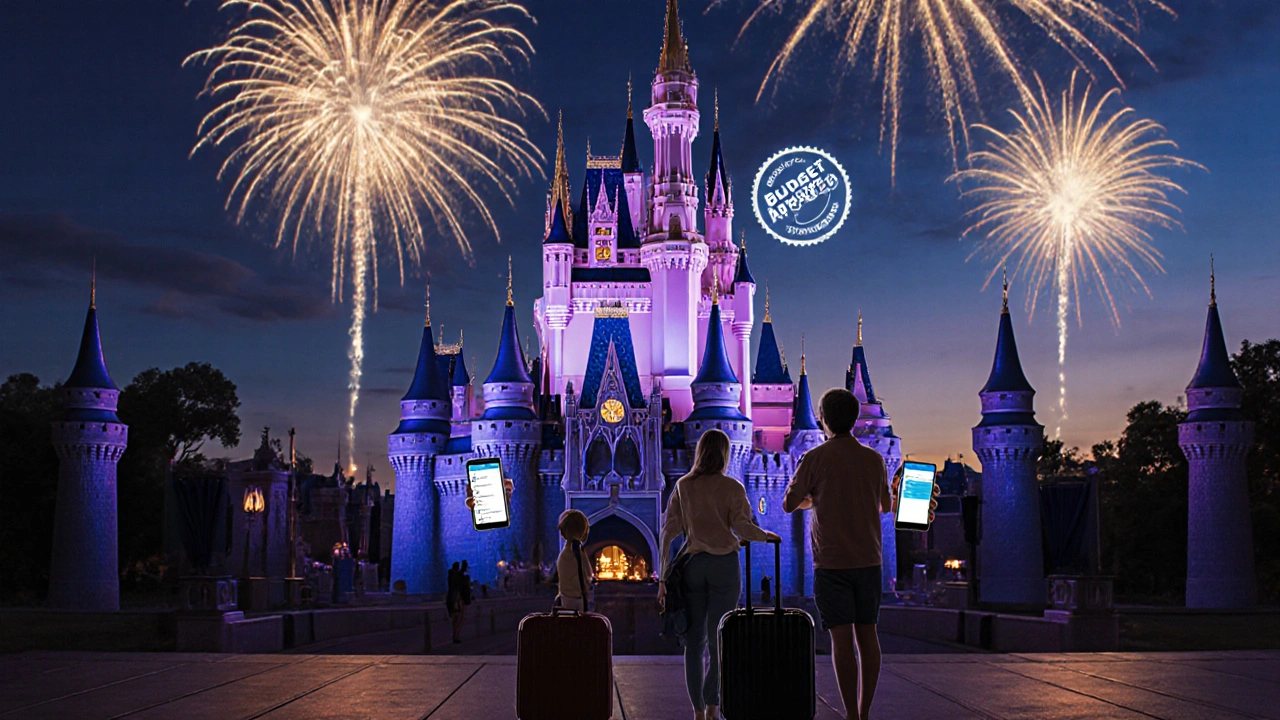 Family with phones and luggage viewing Magic Kingdom fireworks, showing a completed checklist.