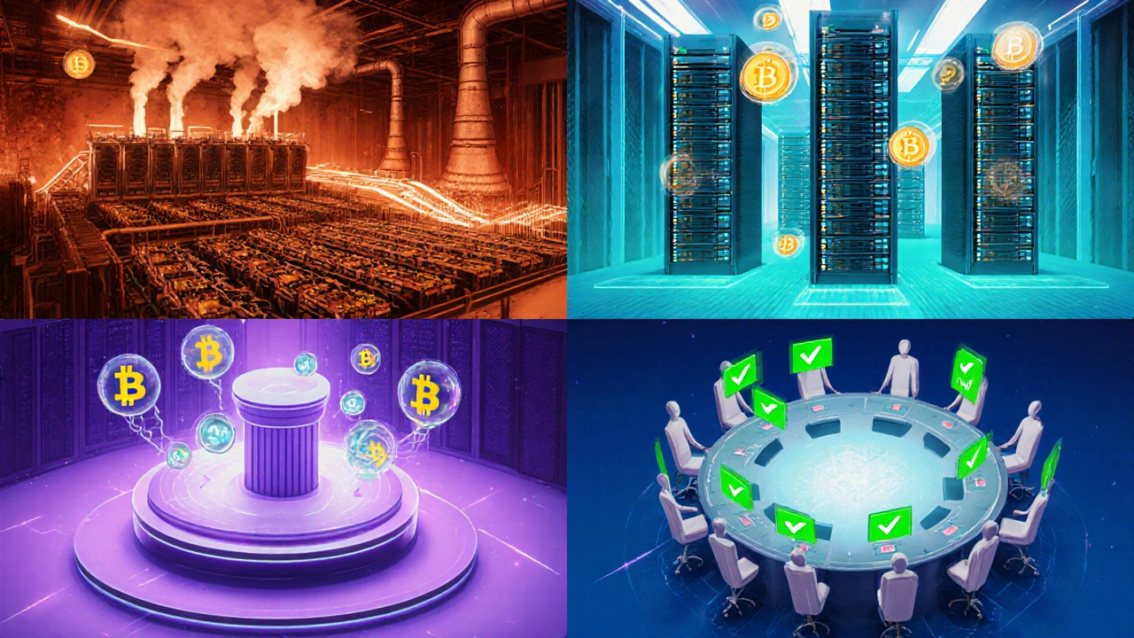 Four-panel illustration showing mining rigs, PoS servers, DPoS holographic voting, and BFT validator round‑table.