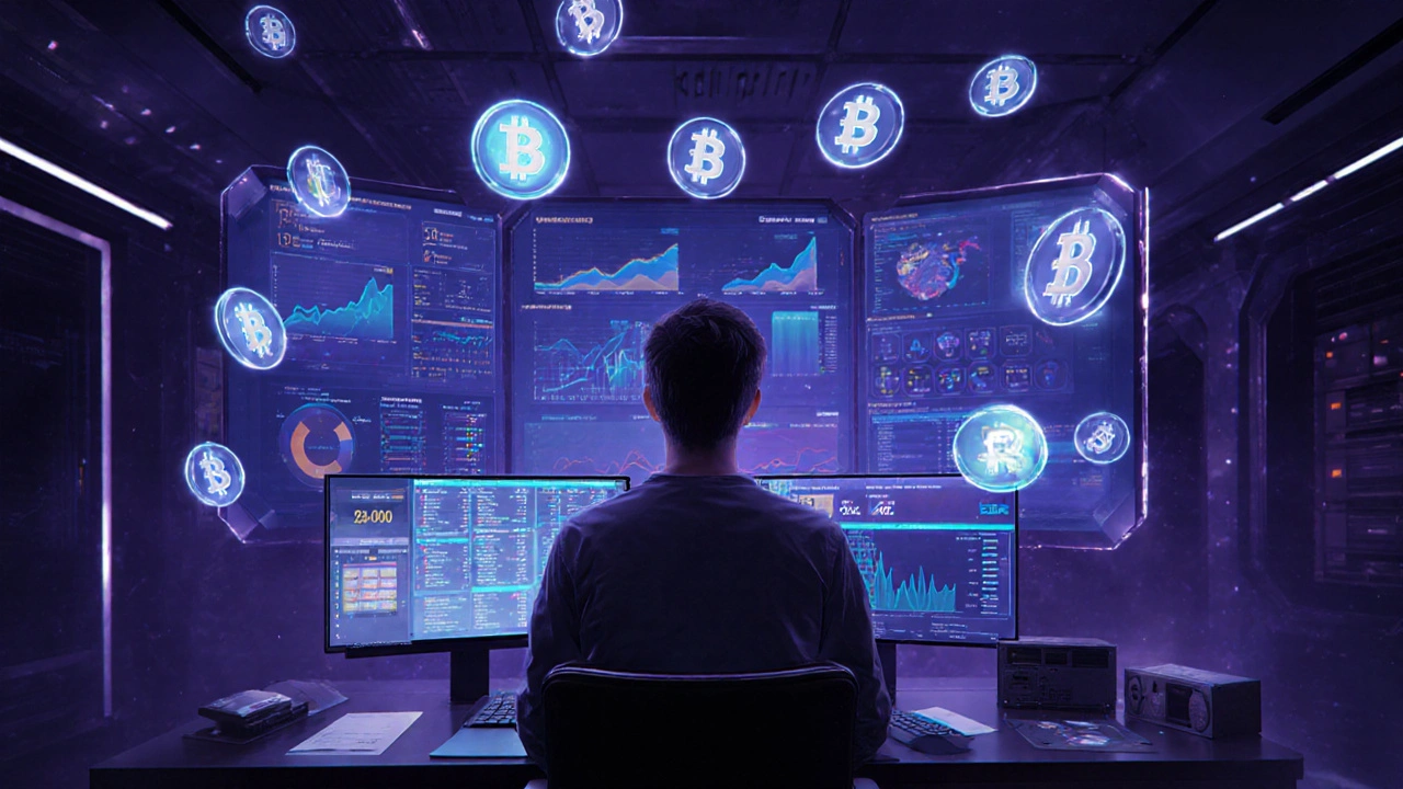 Futuristic analytics room showing holographic NFT metrics.
