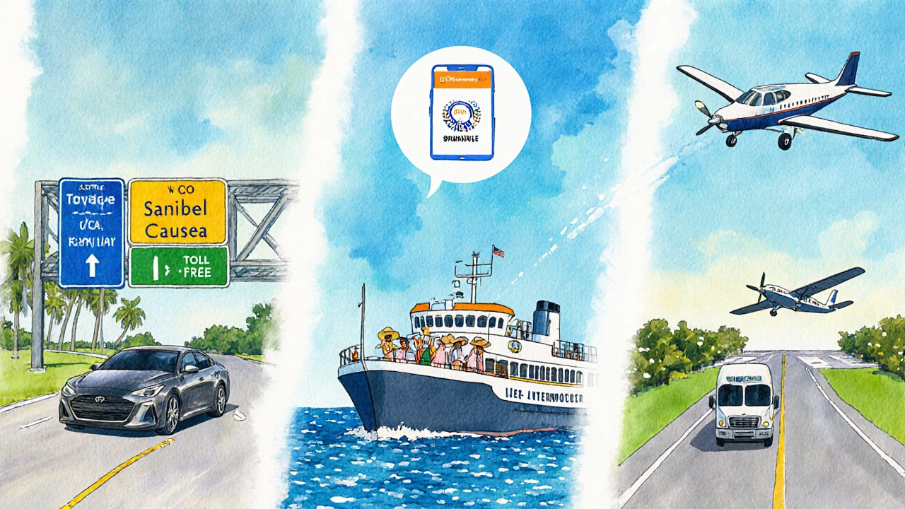 Illustration of car, ferry, and plane showing ways to travel to Sanibel.