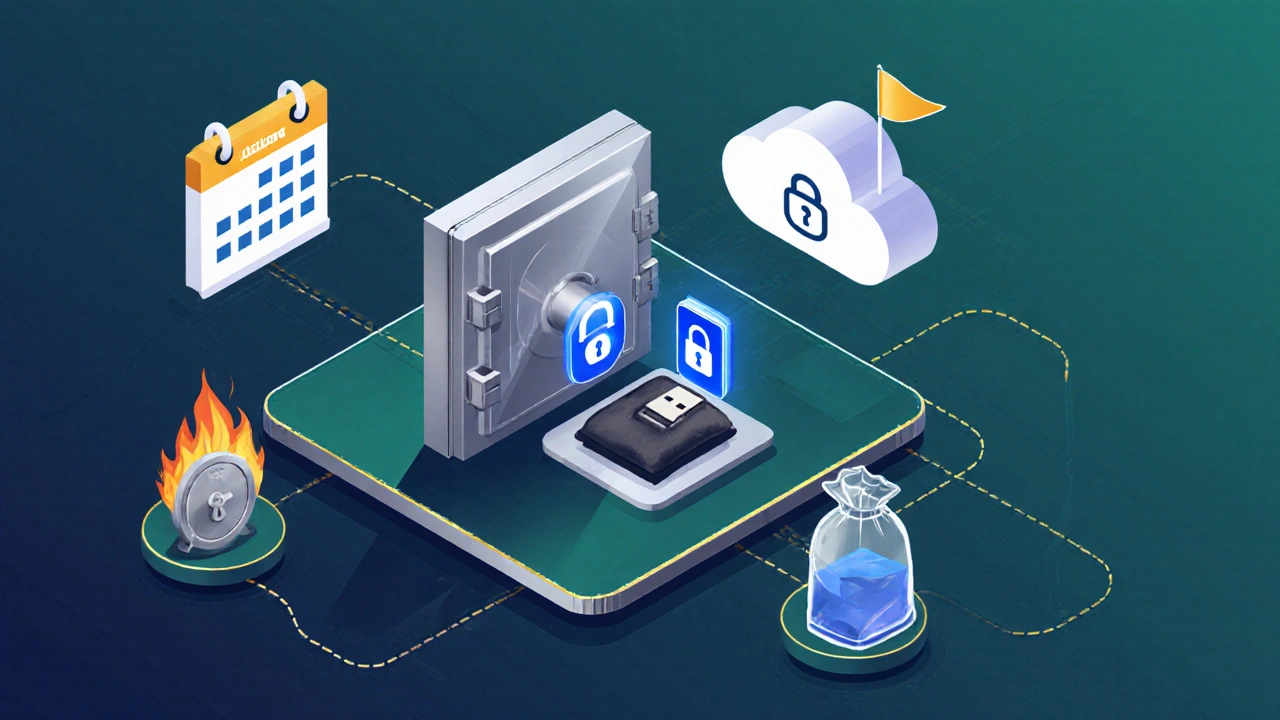 Isometric view of a vault containing a hardware wallet, encrypted USB, and cloud backup with calendar reminder.