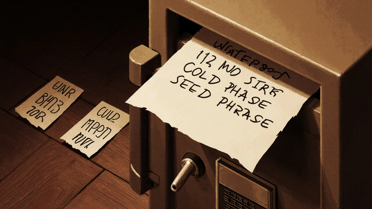 Paper seed phrase written on acid‑free paper stored in a fire‑proof safe and split between a floorboard and a bank box.