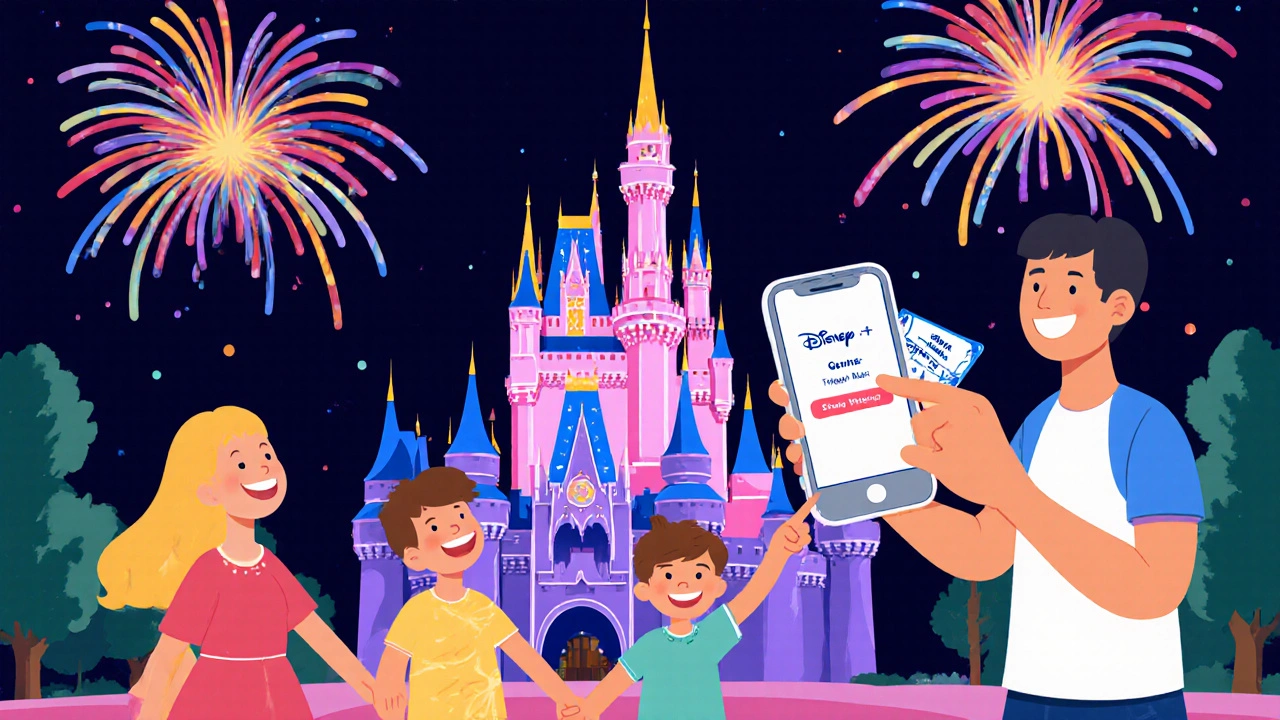 Parents and children standing before Cinderella Castle, checking Genie+ on a phone.