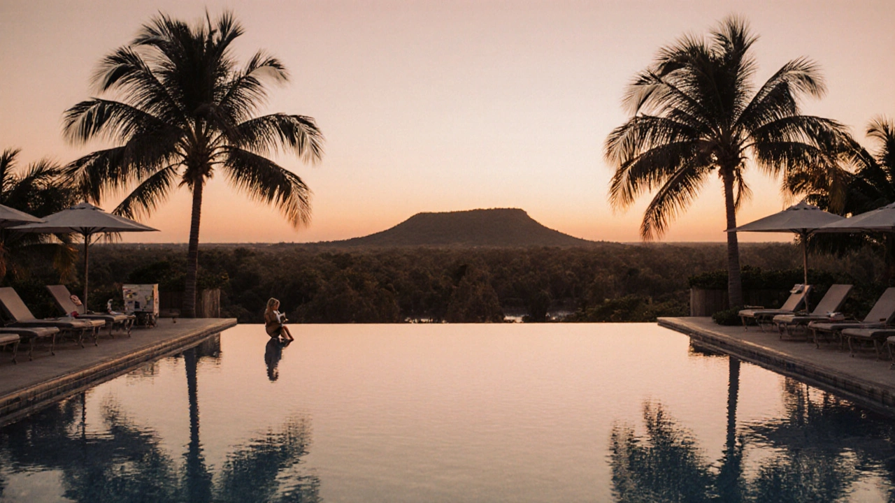 Peaceful early‑morning resort scene with empty pool and few guests at a Florida hotel.
