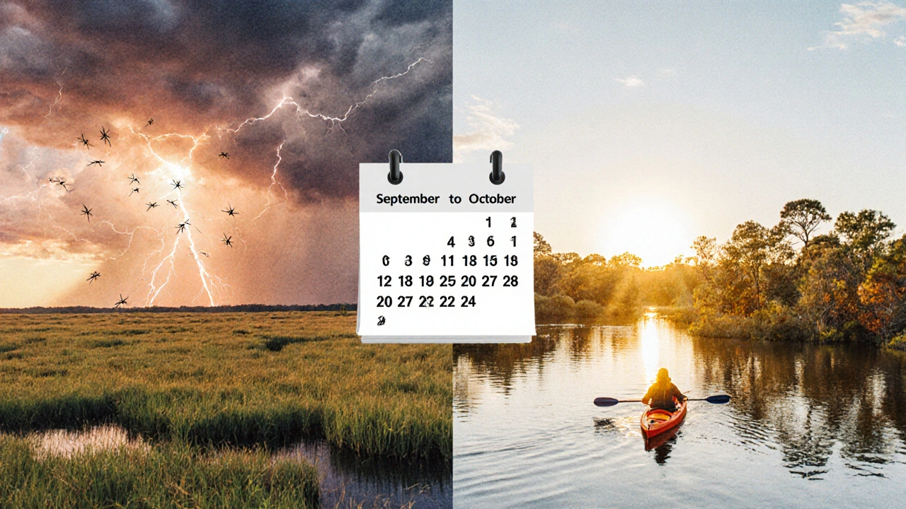 Seasonal transition of Florida from summer storm to autumn calm.