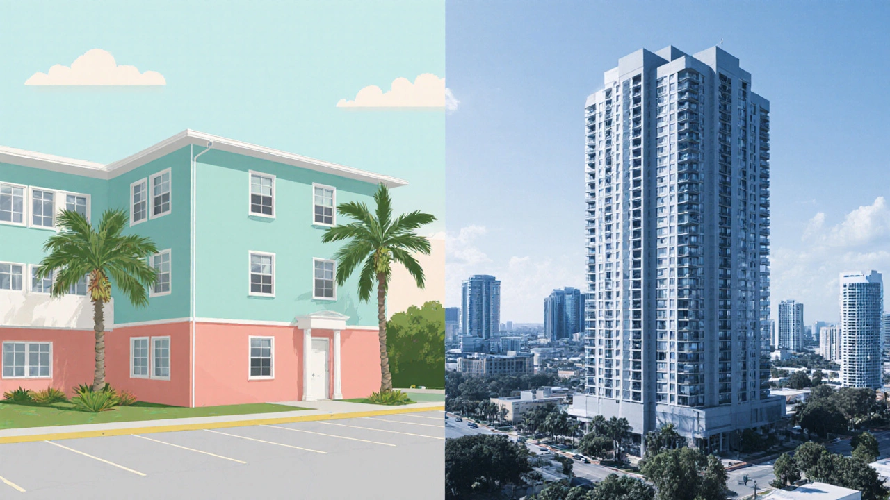 Split illustration of Kissimmee apartment building versus larger Orlando tower showing contrast.