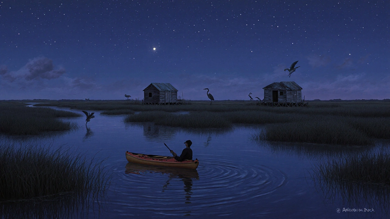 Twilight scene of Apalachicola Bay with kayak, herons, and stars reflected in still water beside old fishing shacks.