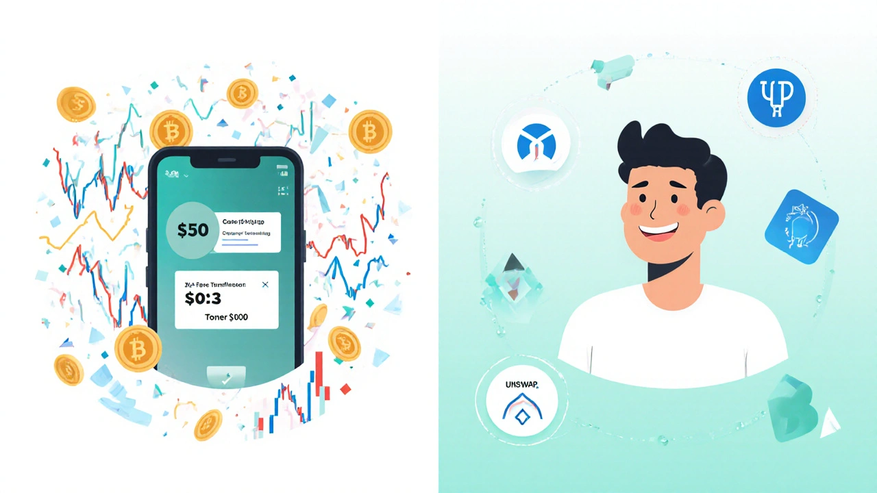 User comparing high Ethereum fees with low L2 transaction costs, shown in split-screen with DeFi icons.