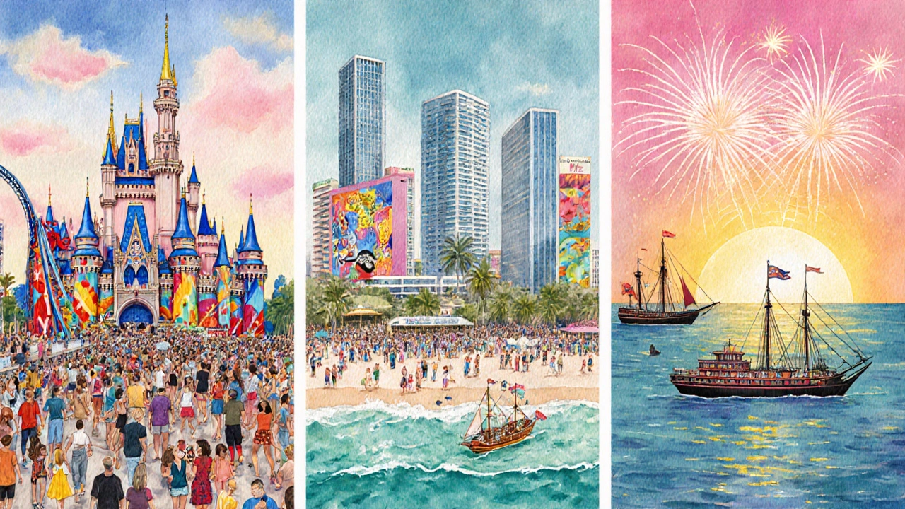 Watercolor illustration of Orlando, Miami, and Tampa hotspots teeming with July tourists.