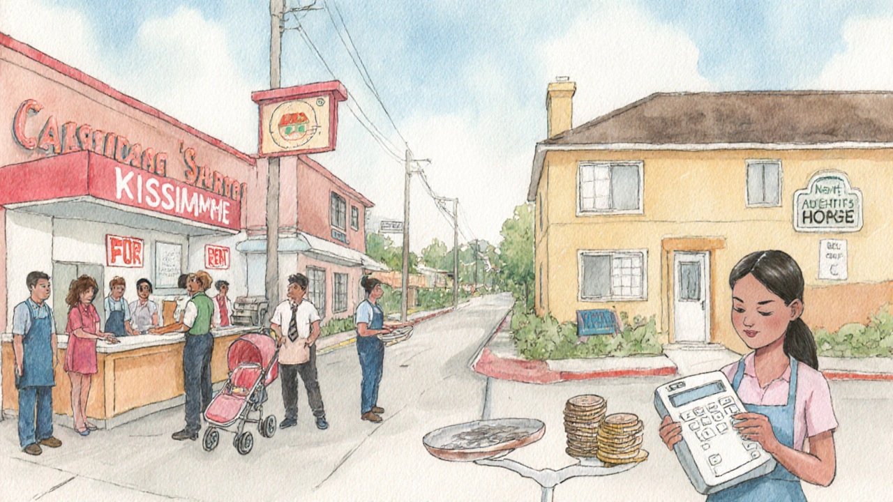 Watercolor of tourism workers, a rental home, and a mother calculating costs, symbolizing poverty factors.