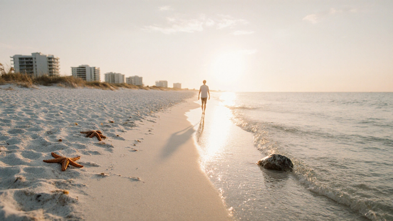 White sand beach at golden hour with clear water and starfish, no buildings, only waves and setting sun.