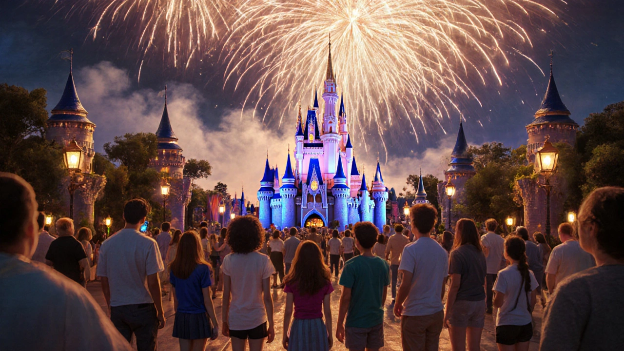 A crowd of people watching colorful fireworks reflect off Cinderella Castle at night.