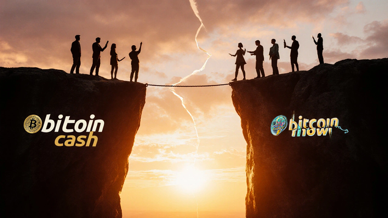 A diverse group stands at the edge of a blockchain fork, connected by a bridge of consensus.