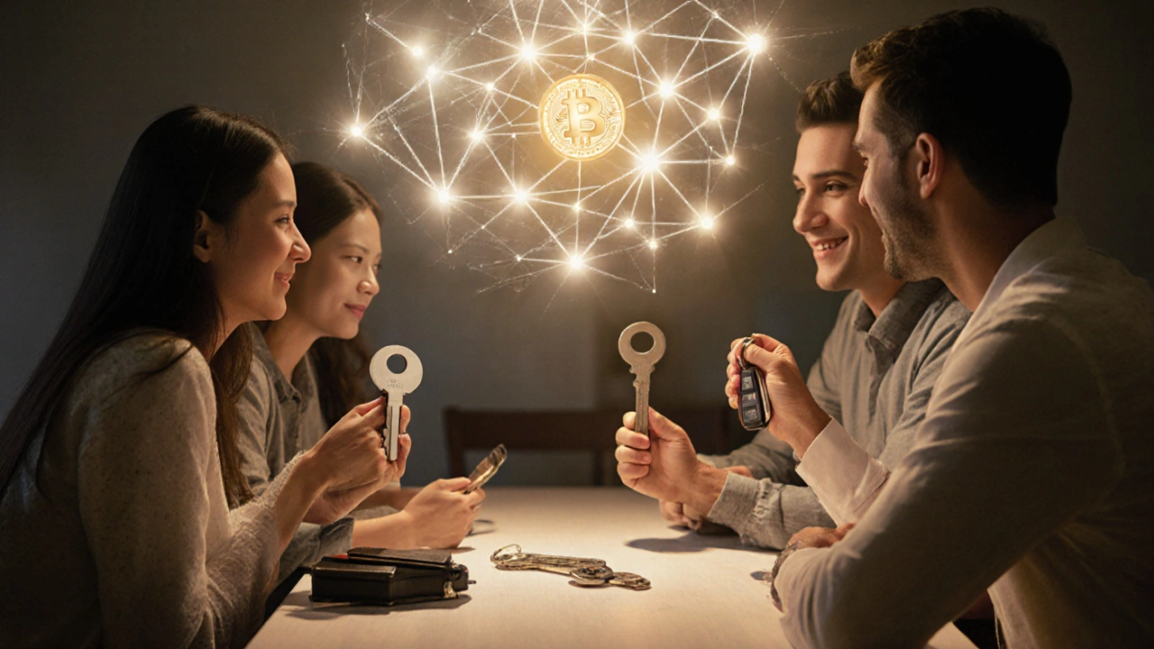A family holding different physical keys representing Bitcoin security measures.