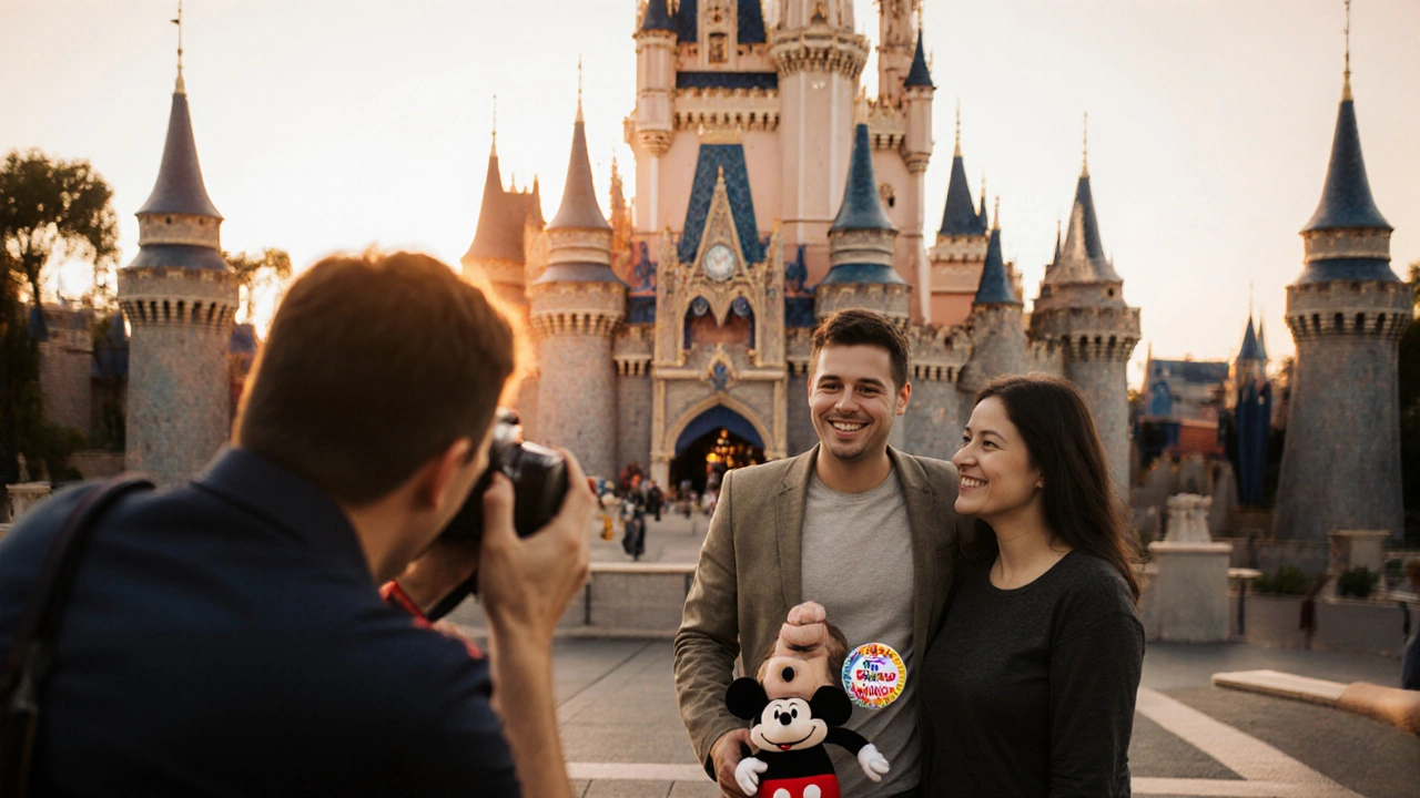 A family photo at Cinderella Castle at sunset, with a 3-year-old wearing a birthday button and holding a plush toy.