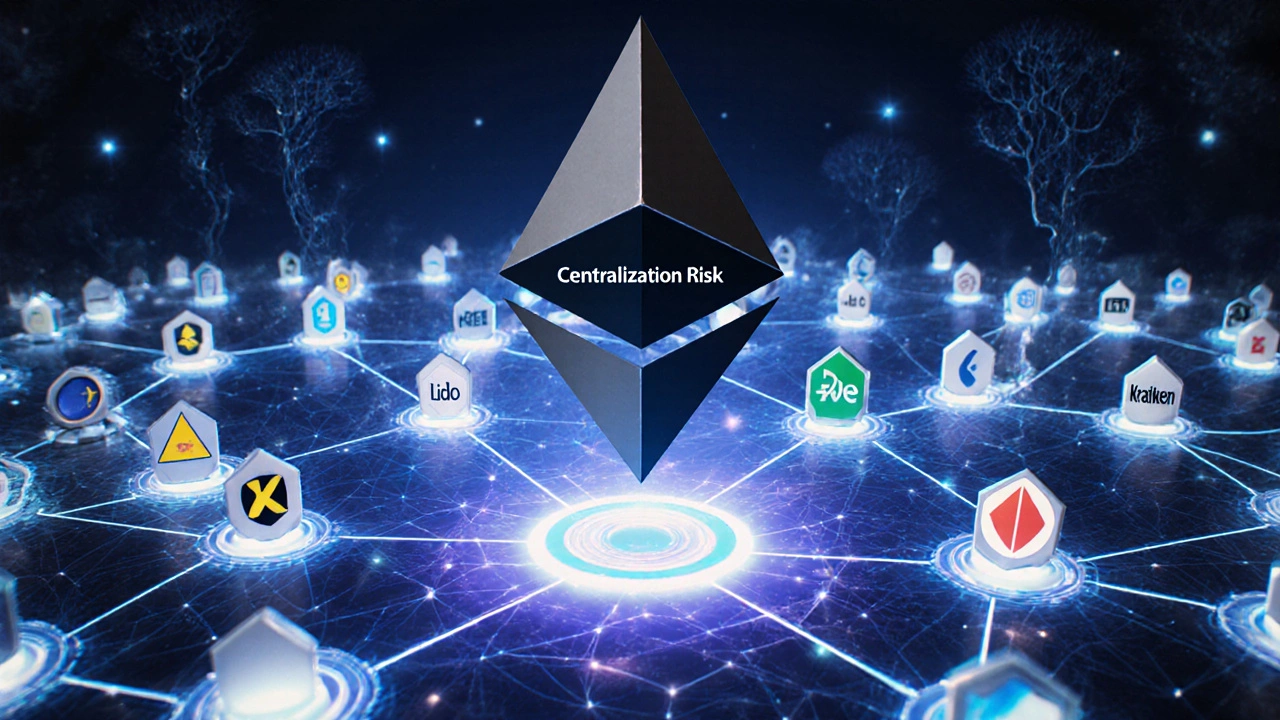 A global Ethereum network with decentralized nodes and dominant centralized staking providers casting a shadow.