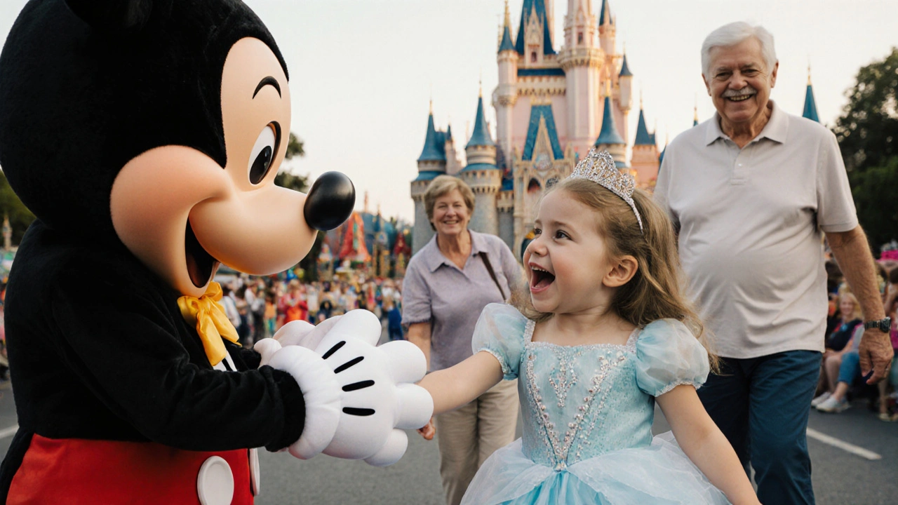 A little girl reaching out to Mickey Mouse as her parents smile behind her.