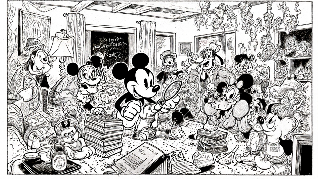 A lively family gathering with Mickey&#039;s extended mouse clan and friends like Goofy and Professor Von Drake.