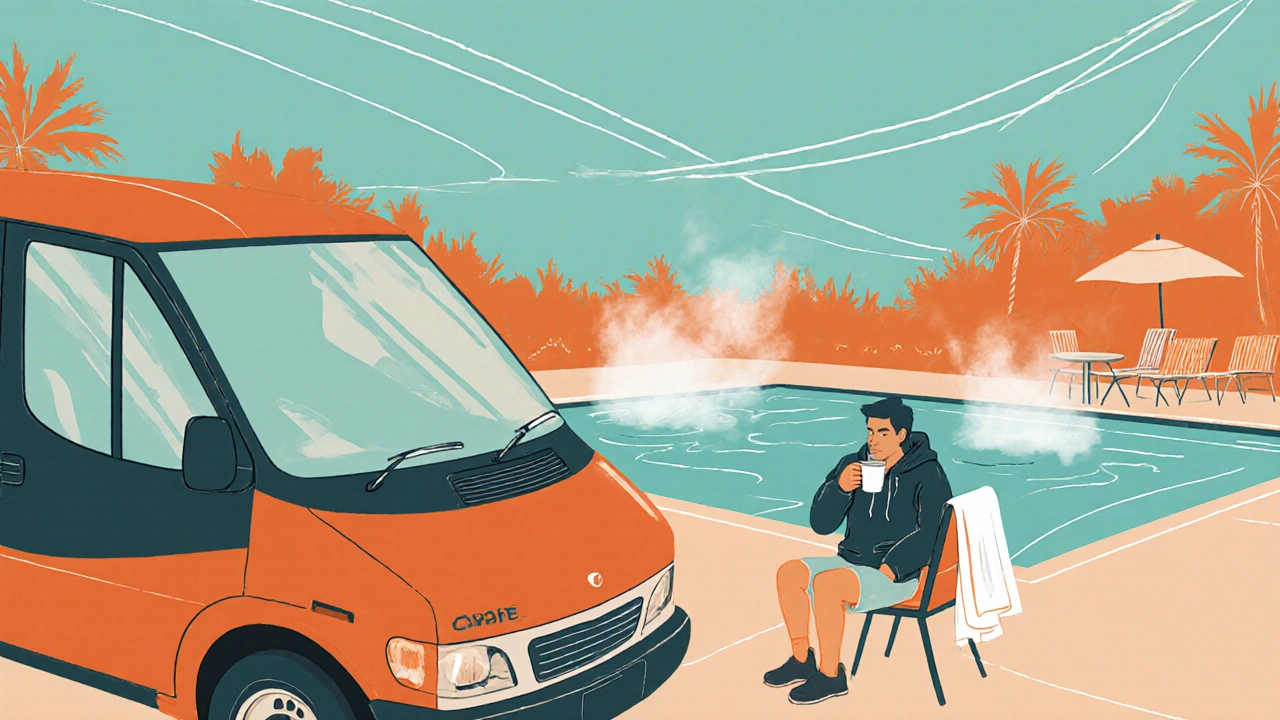 A man in shorts sips coffee by a heated pool at dawn, wearing a hoodie as dew glistens on the ground.