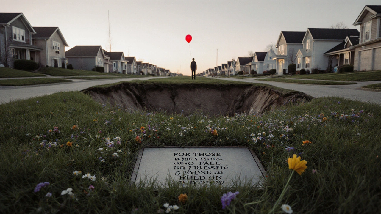 A memorial bench at the site of a former home, surrounded by grass and flowers, with a quiet figure looking on.