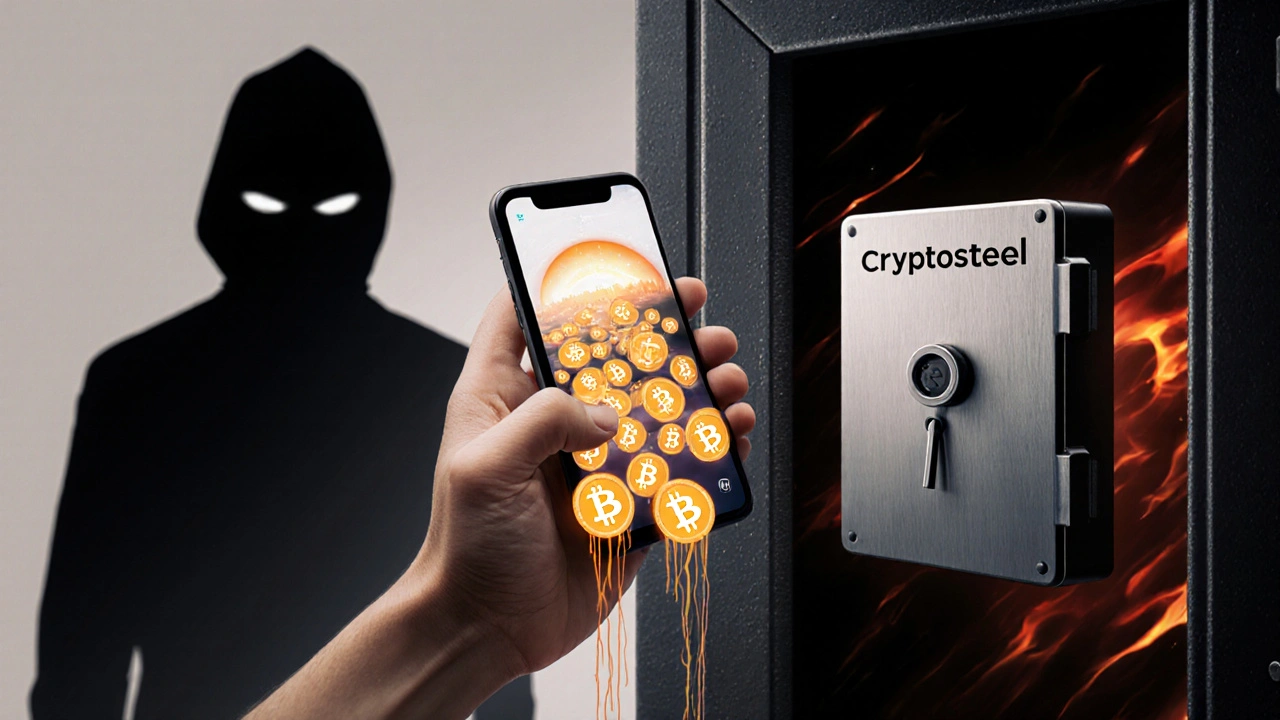 A person with a phone losing Bitcoin to a hacker, while a metal backup is secured in a safe.