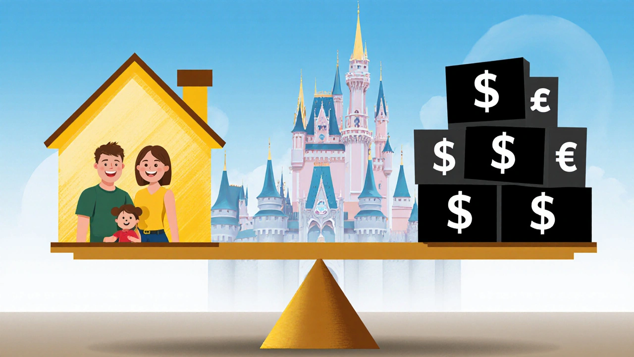 A scale balances a sunny Florida home against heavy financial burdens like car insurance, daycare, and electricity bills.