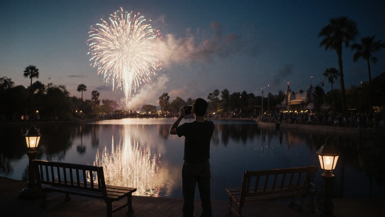 A solitary visitor photographing fireworks reflections on the water at twilight, surrounded by quiet lanterns and benches.