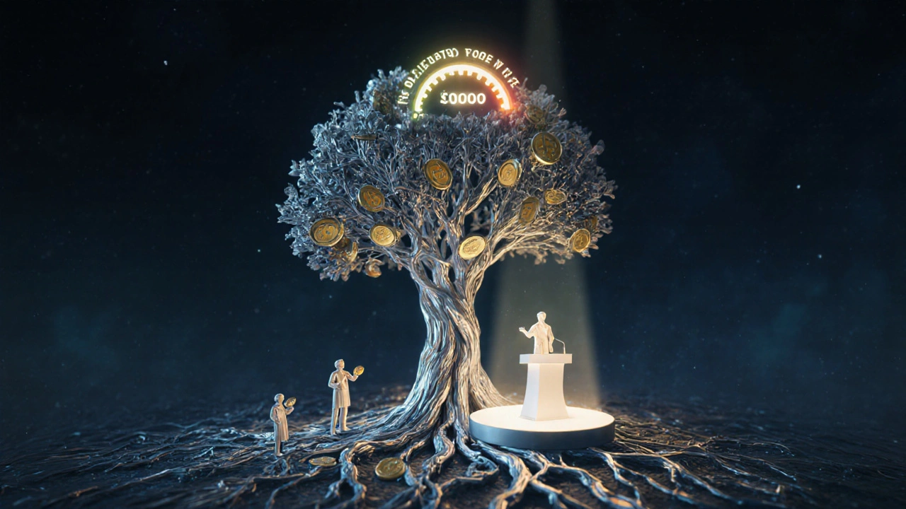 A symbolic blockchain tree with small holders delegating votes to glowing delegates under a reputation meter.