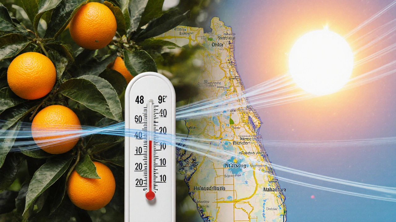 A thermometer reads 48°F next to citrus trees, with cold fronts moving in from the north against a summer sun backdrop.