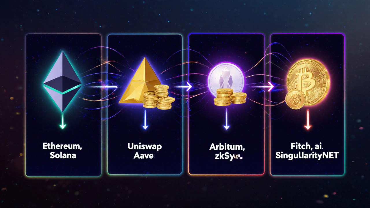 A timeline of altcoin sector rotation: Layer-1, DeFi, Layer-2, and AI tokens glowing in sequence with capital flows.