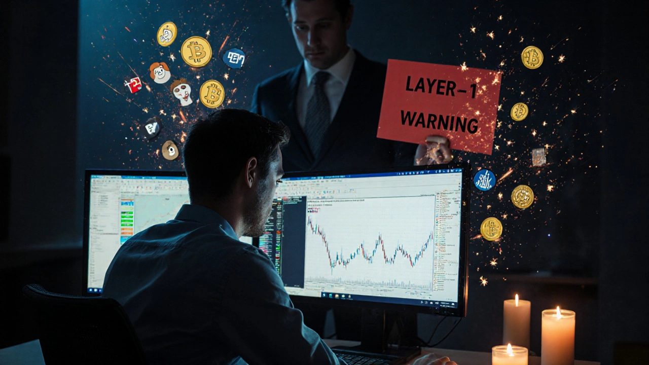 A trader watches market metrics as meme coins explode in the background, while a shadowy SEC warning looms.