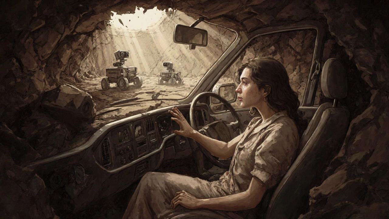 A woman trapped underground, tapping on a car frame in darkness, with faint light filtering through cracks above.
